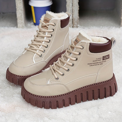 Women’s Fleece-Lined High-Top Ankle Boots – Thick Sole Casual Winter Shoes