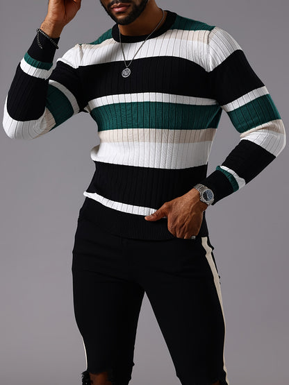 Men’s Striped Ribbed Knit Sweater – Color-Block Fall Winter Pullover