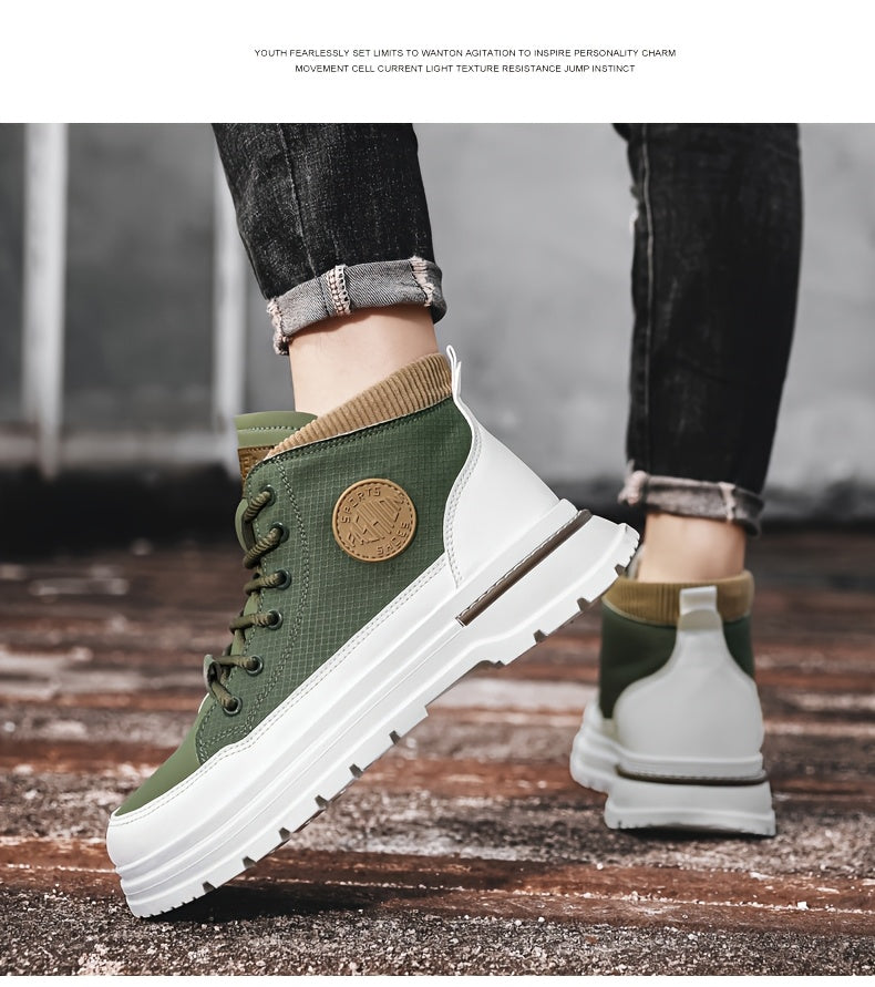 Men’s Green & White High-Top Sneakers – Lace-Up Streetwear Boots