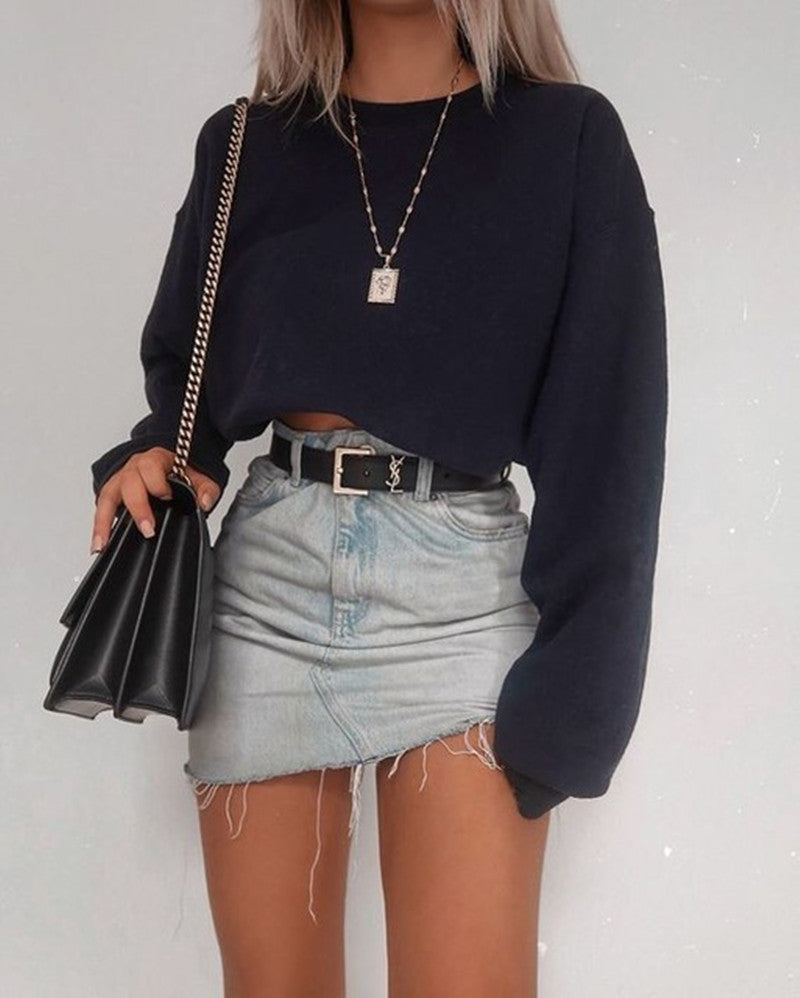 Top corto de manga larga para mujer - Camiseta casual de algodón de corte ajustado