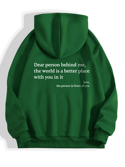 Loom & Soul “Dear Person Behind Me” Hoodie – Women’s Plush Printed Pullover with Kangaroo Pocket & Drawstring Hood (Unisex, Multiple Colors)