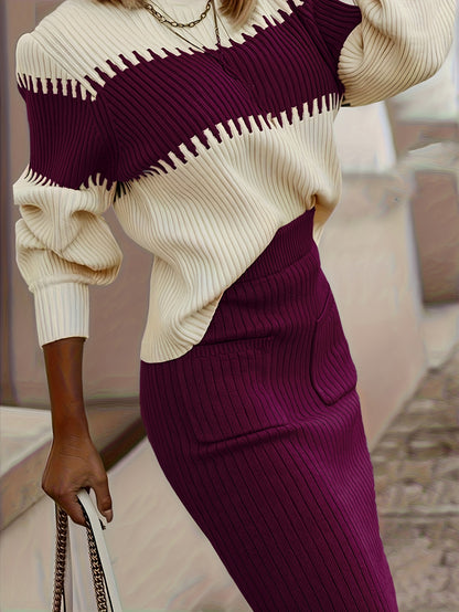 High Neck Color-Block Sweater & Skirt Set – Elegant Winter Two-Piece