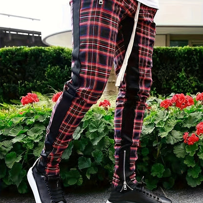 Men’s Red & Black Plaid Joggers – 3D Knit Streetwear Trousers