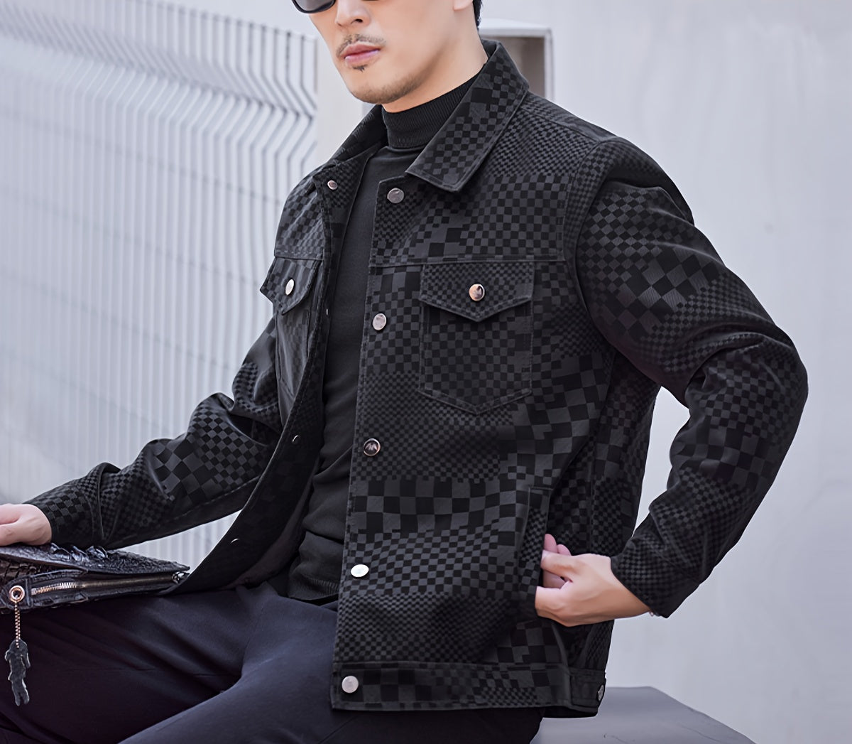Men’s Checkered PU Coat – Black & Brown Houndstooth Street Jacket