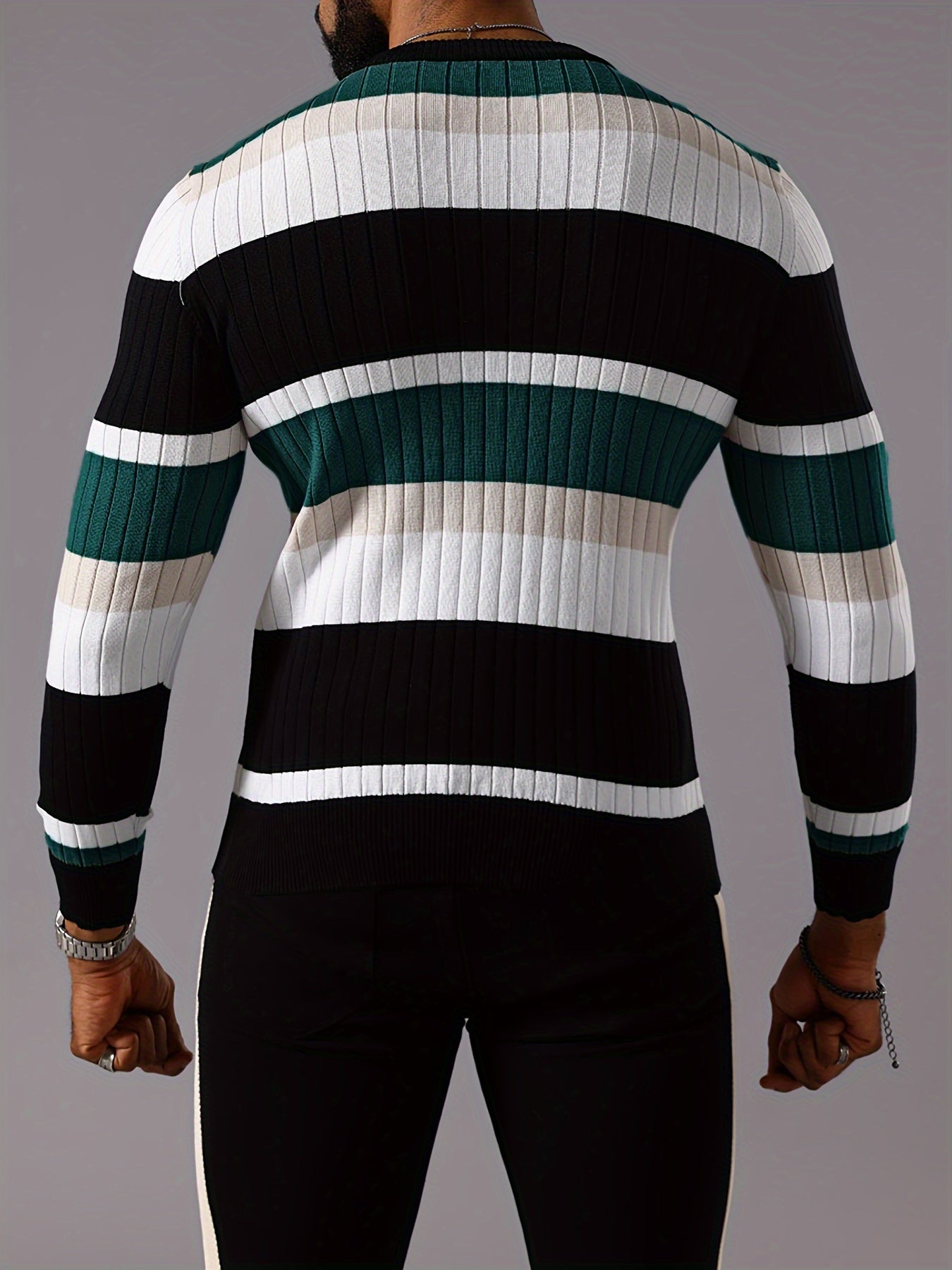 Men’s Striped Ribbed Knit Sweater – Color-Block Fall Winter Pullover