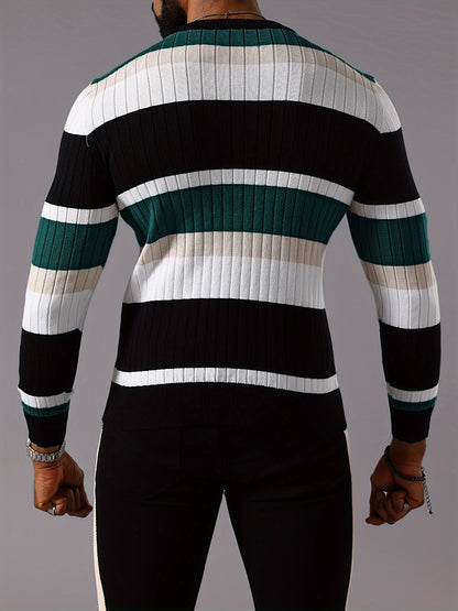 Men’s Striped Ribbed Knit Sweater – Color-Block Fall Winter Pullover