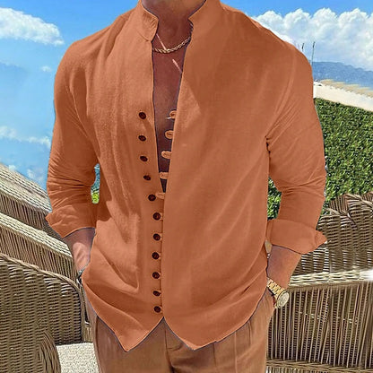 Chemise homme col mao en coton et lin – Cardigan décontracté coupe ample