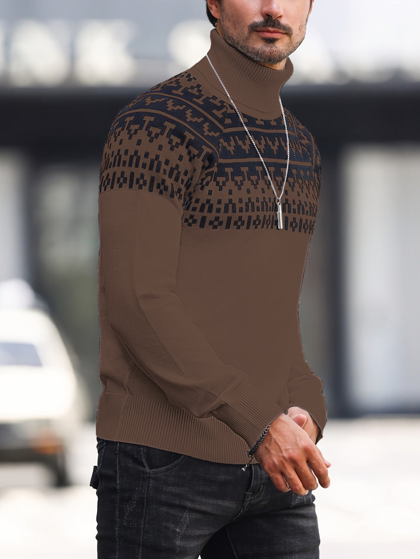 Suéter de cuello alto geométrico para hombre - Suéter informal de punto para otoño e invierno