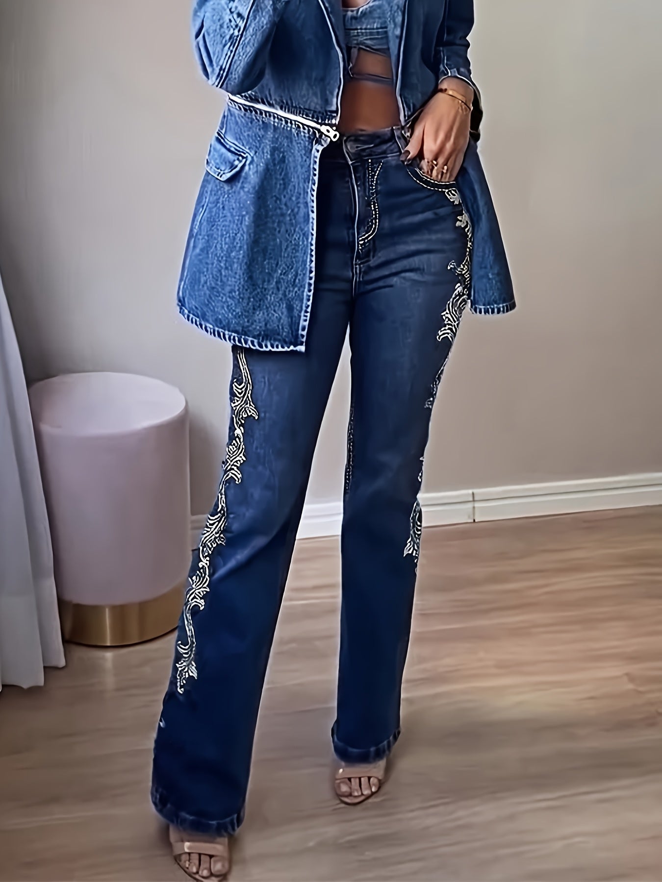 Women’s Flare Jeans – Dark Blue Bootcut with Side Print Design