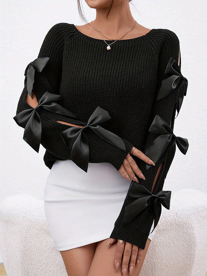 Bow-Knot Hollow Sleeve Sweater – Elegant Crew Neck Women’s Knit Top