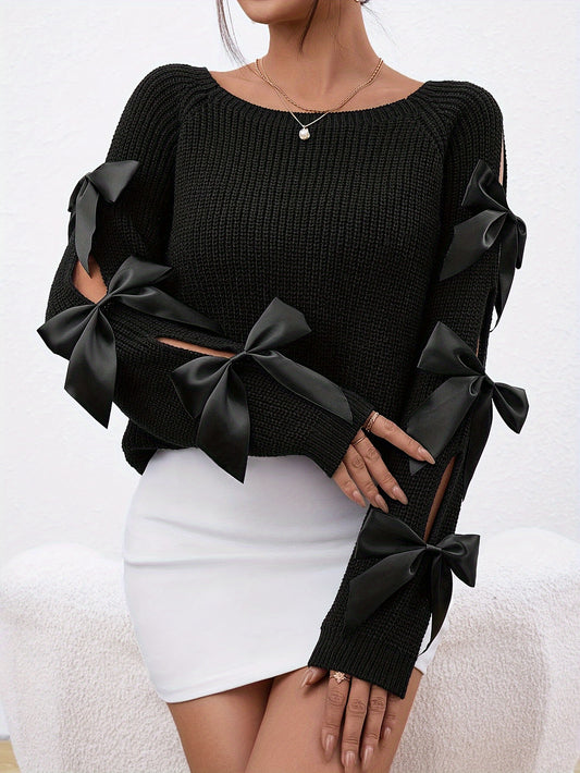 Bow-Knot Hollow Sleeve Sweater – Elegant Crew Neck Women’s Knit Top