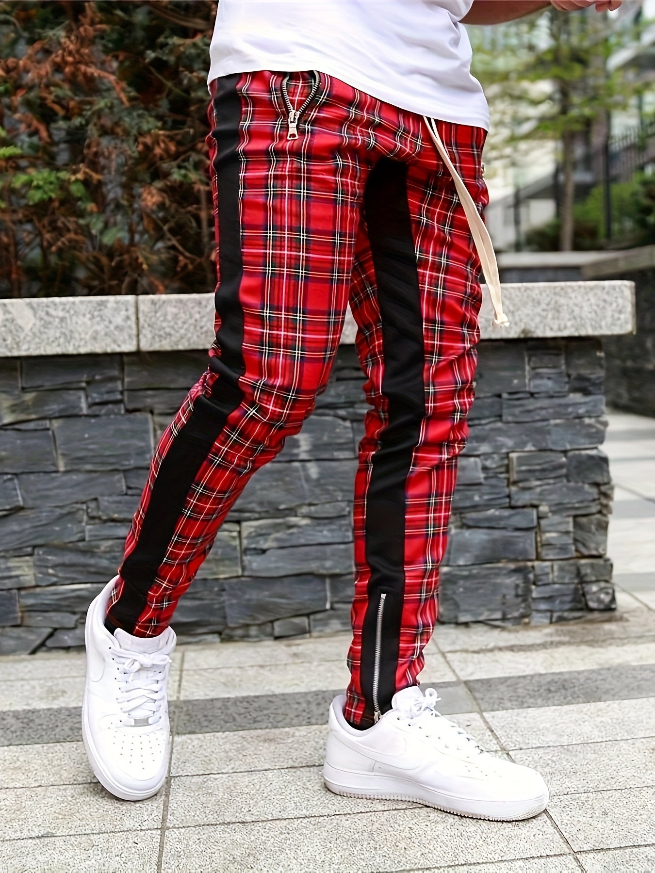 Men’s Red & Black Plaid Joggers – 3D Knit Streetwear Trousers