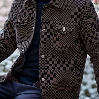 Men’s Checkered PU Coat – Black & Brown Houndstooth Street Jacket