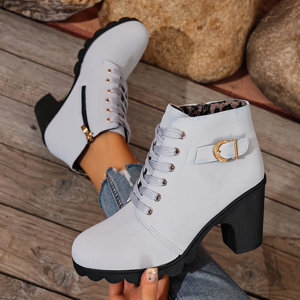 Botines de tacón alto para mujer - Tacón de bloque, elegantes, sin cordones