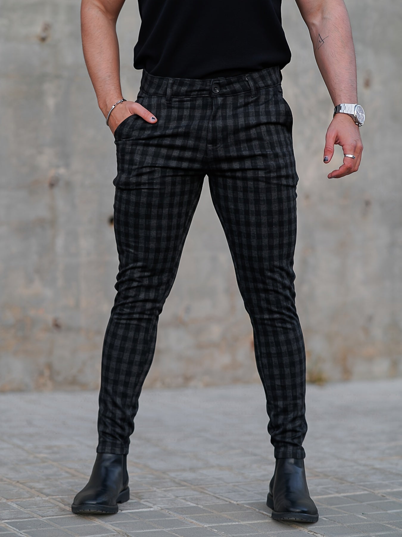 Men’s Slim-Fit Plaid Suit Pants – Tailored Stretch Dress Trousers