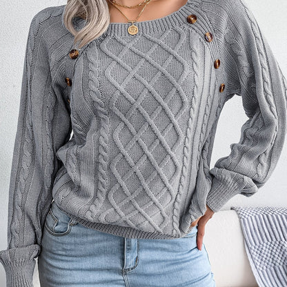 Women’s Textured Lantern Sleeve Sweater – Button Detail Knit Top