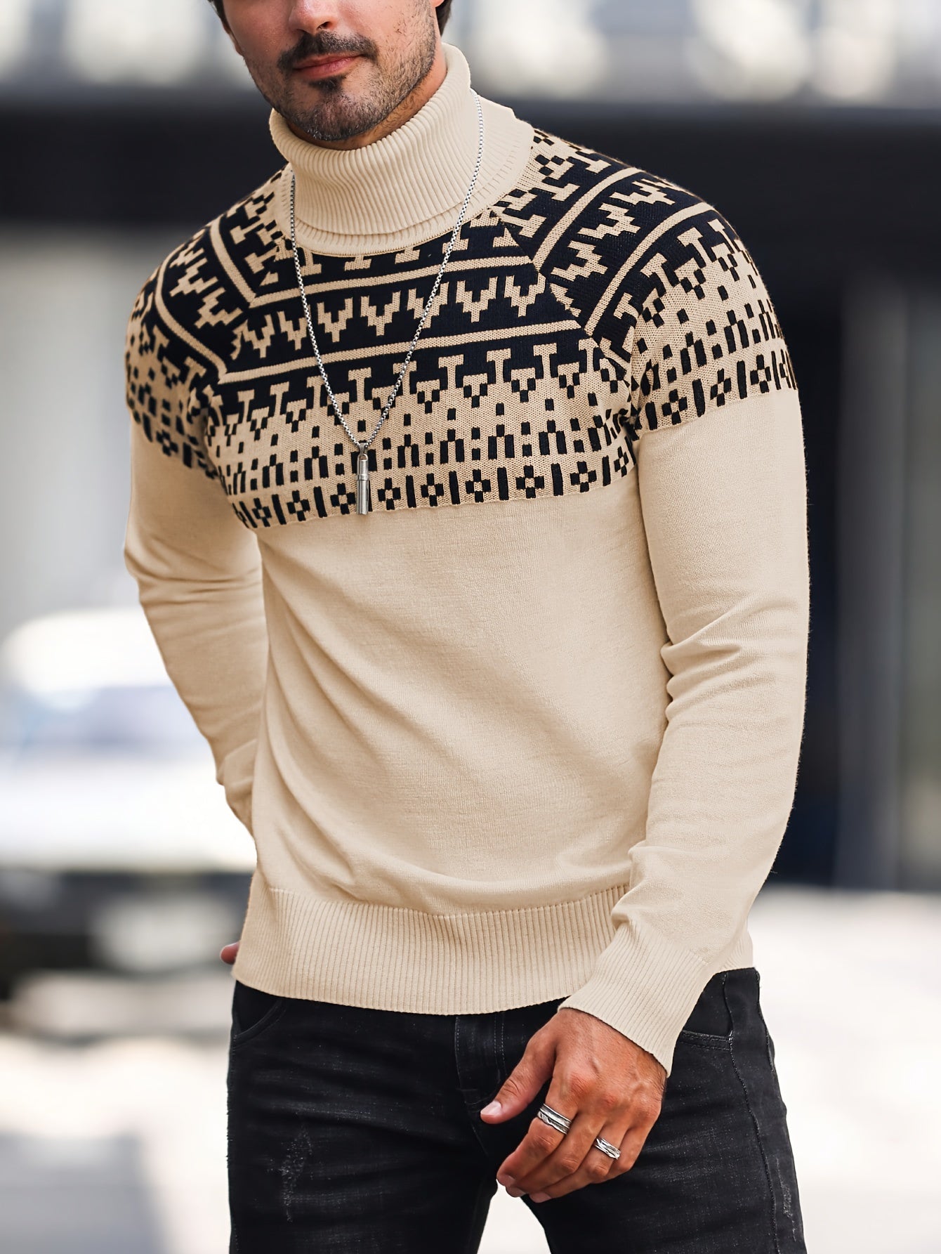 Suéter de cuello alto geométrico para hombre - Suéter informal de punto para otoño e invierno