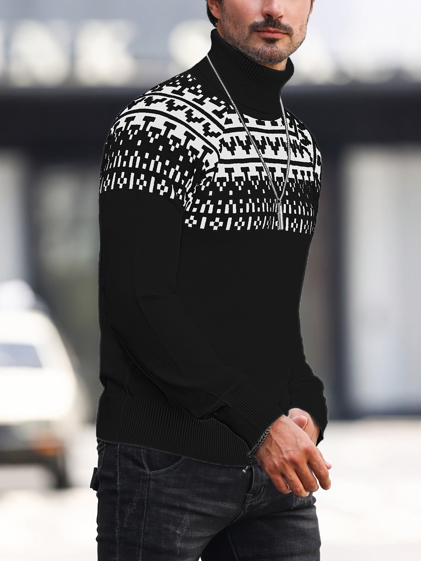 Suéter de cuello alto geométrico para hombre - Suéter informal de punto para otoño e invierno