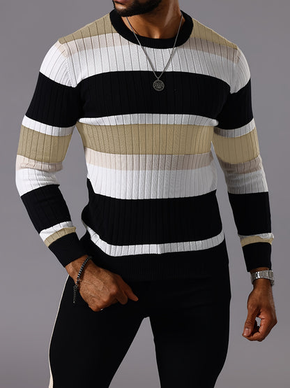 Men’s Striped Ribbed Knit Sweater – Color-Block Fall Winter Pullover