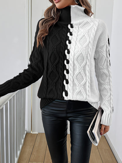 Elegant High-Neck Striped Blouse – Color-Block Knit Long Sleeve Top