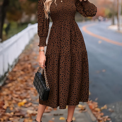 Leopard Print Long Sleeve Maxi Dress – Elegant A-Line Flowing Dress