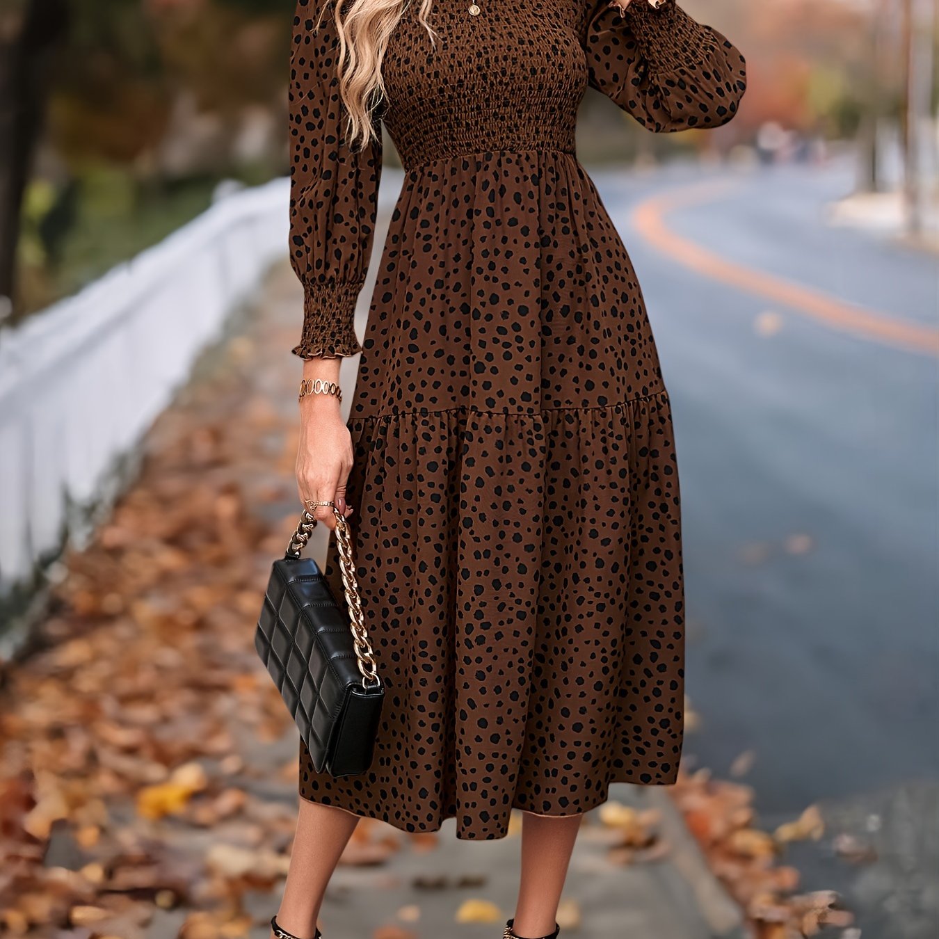Leopard Print Long Sleeve Maxi Dress – Elegant A-Line Flowing Dress