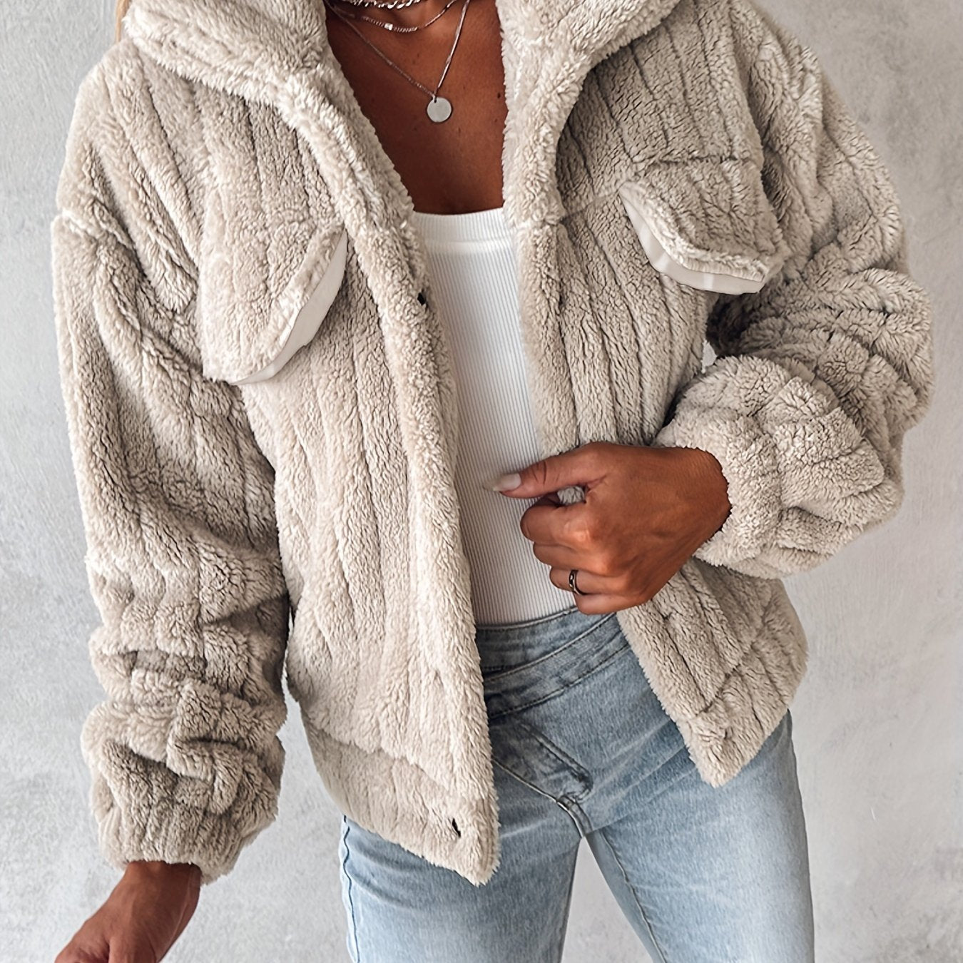 Women’s Soft Pink Plush Jacket – Button-Up Lapel Winter Cozy Outerwear