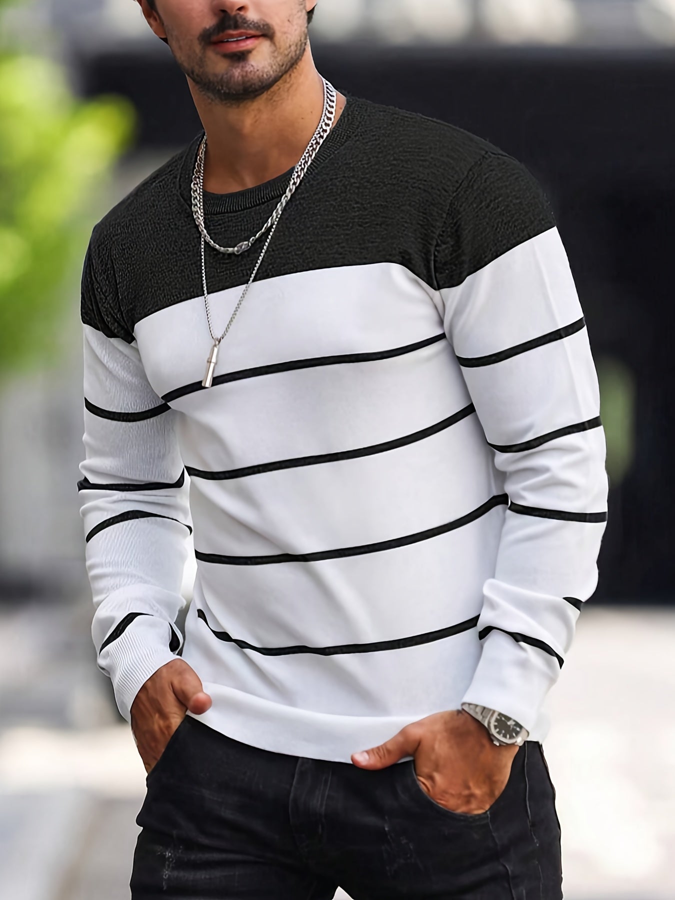 Pull tricoté rayé bleu marine pour homme – Col rond décontracté