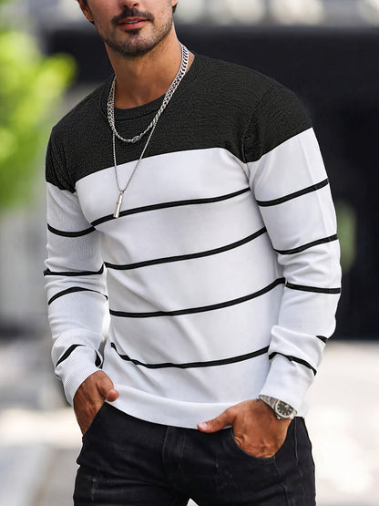 Pull tricoté rayé bleu marine pour homme – Col rond décontracté