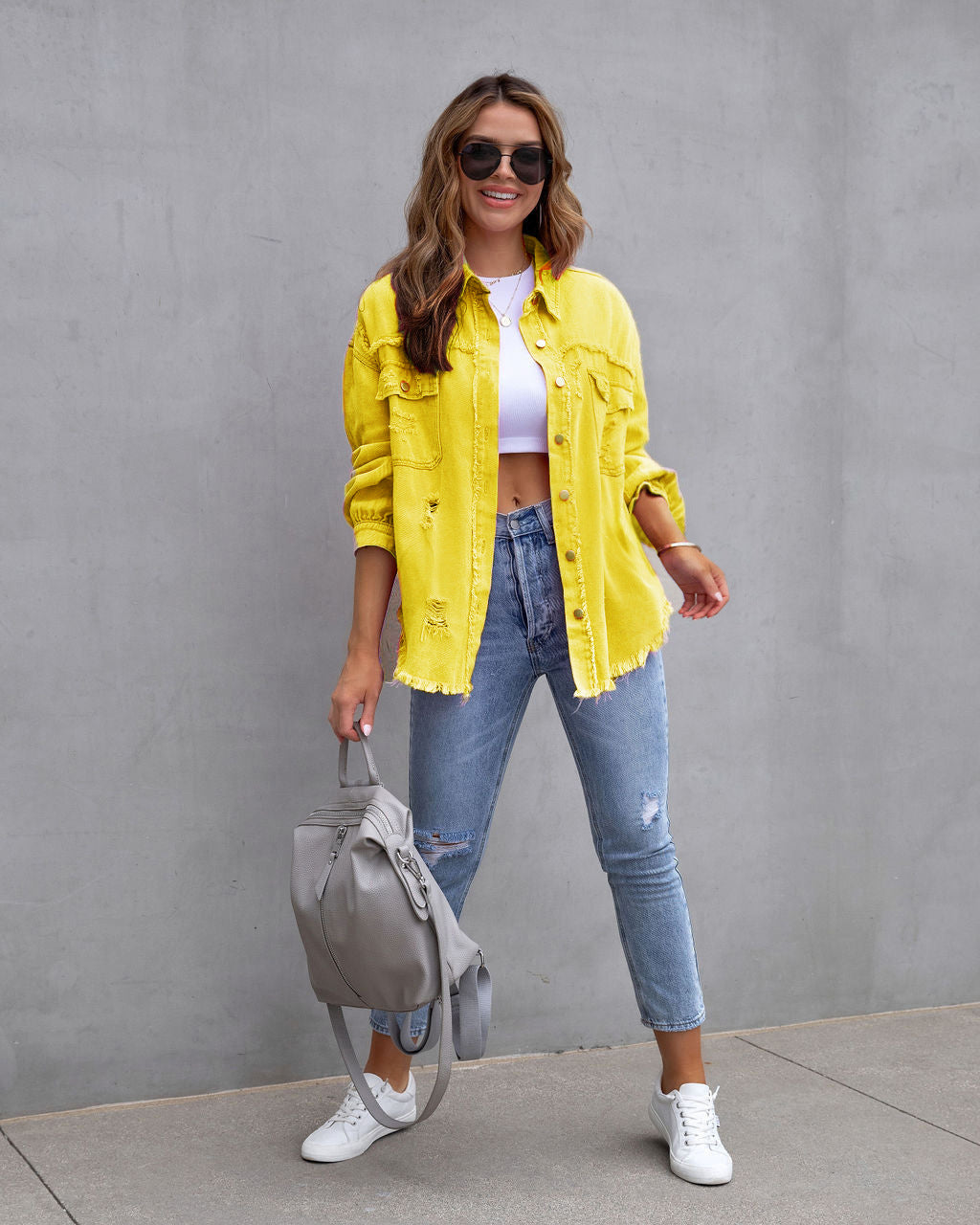 Loom & Soul Women’s Ripped Shirt Jacket – Casual Loose Fit Button-Up Top for Spring & Autumn
