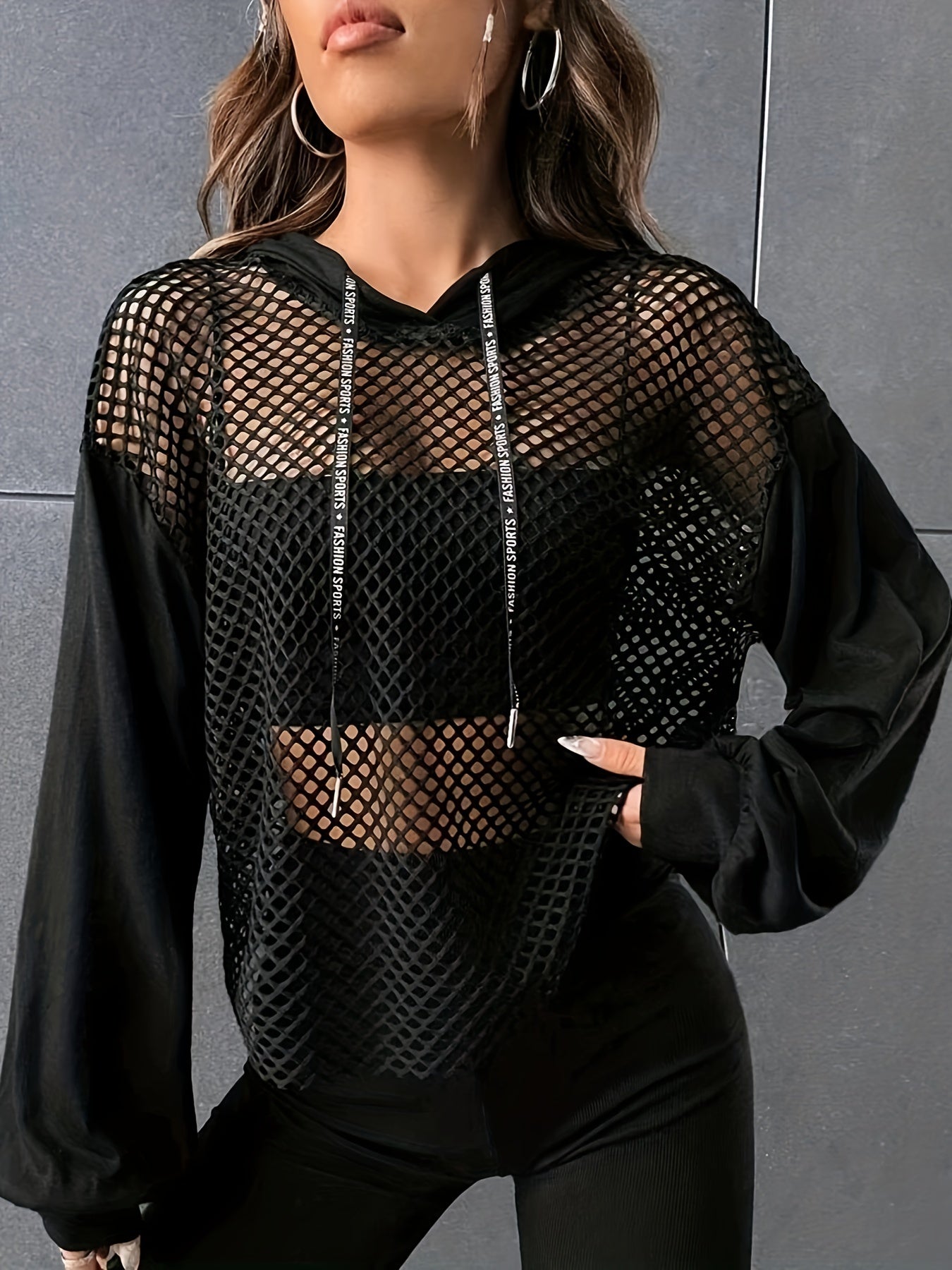 Y2K Mesh Hooded Long Sleeve Tee – Women’s Contrast Sheer Street Top