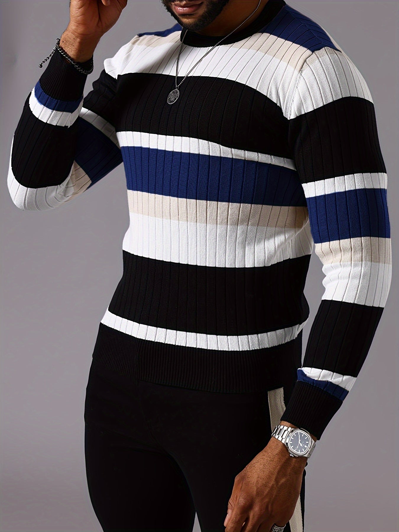 Men’s Striped Ribbed Knit Sweater – Color-Block Fall Winter Pullover