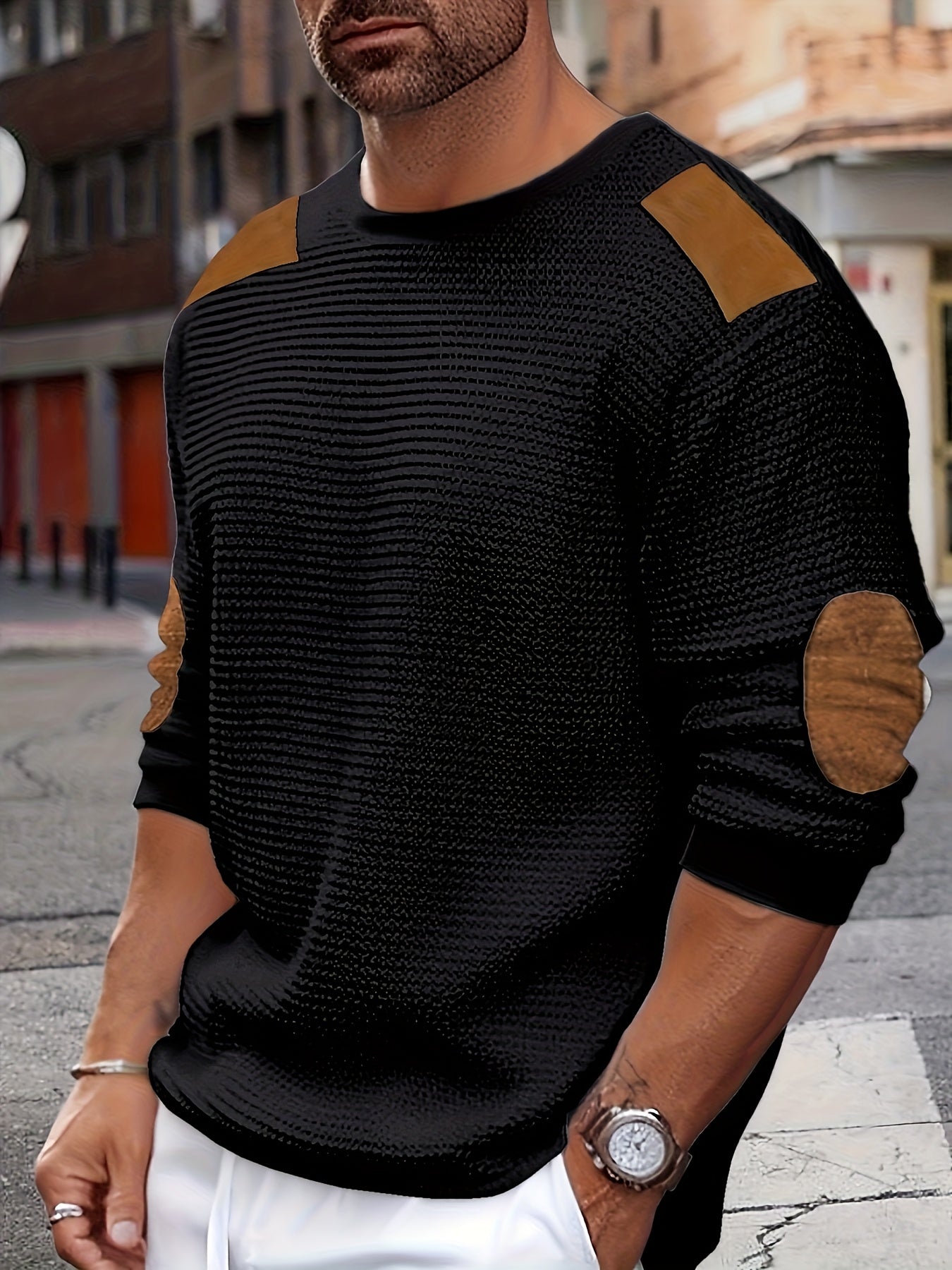 Men’s Waffle Knit Sweatshirt – Color Block Crewneck Casual Pullover