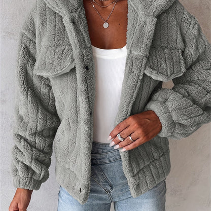 Women’s Soft Pink Plush Jacket – Button-Up Lapel Winter Cozy Outerwear