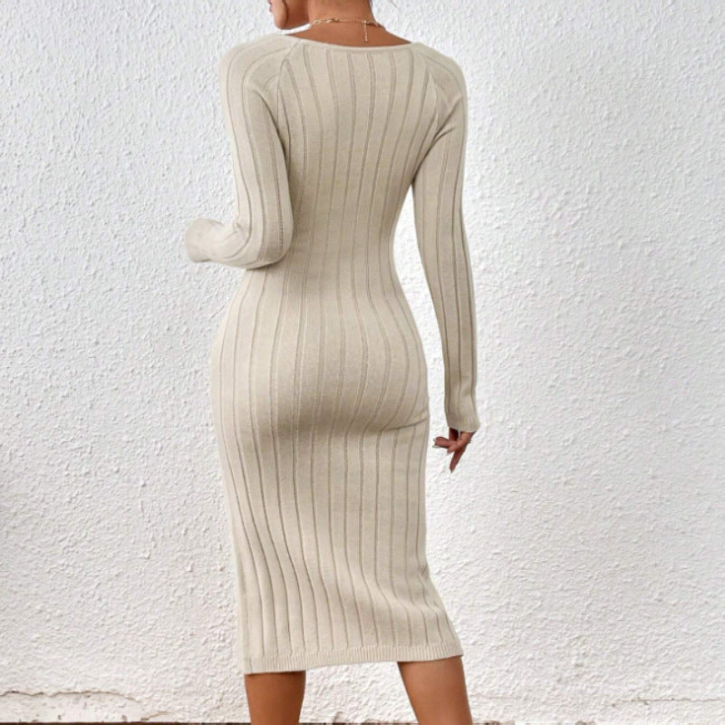 Robe midi en maille à encolure carrée – Robe élégante géométrique à manches longues