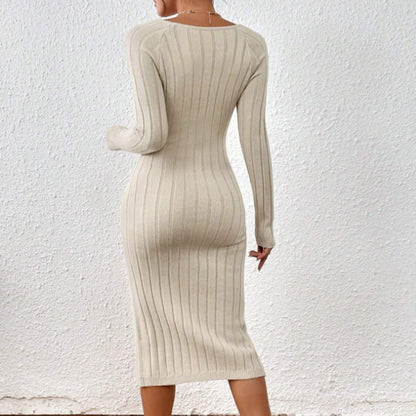 Robe midi en maille à encolure carrée – Robe élégante géométrique à manches longues