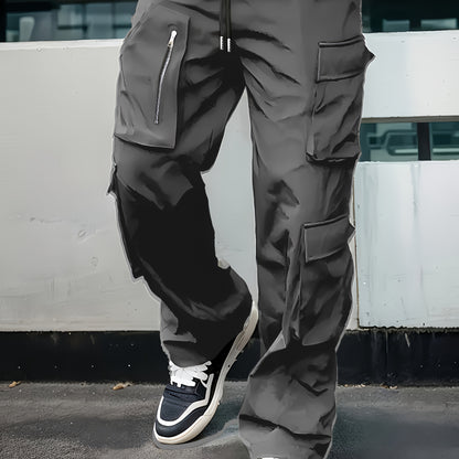 Men’s Black Cargo Pants – Multi-Zip Loose-Fit Outdoor Joggers for Spring/Fall