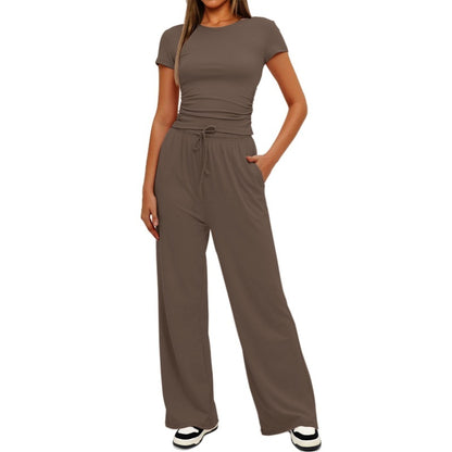 Loom & Soul™ 2-Piece Solid Color Yoga Set – Women’s Short-Sleeve Top & High-Waist Wide-Leg Pants