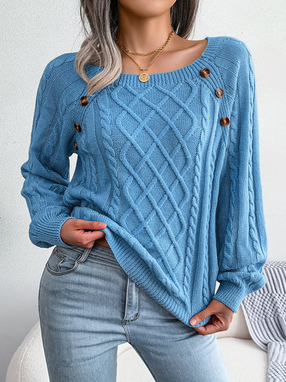Women’s Textured Lantern Sleeve Sweater – Button Detail Knit Top
