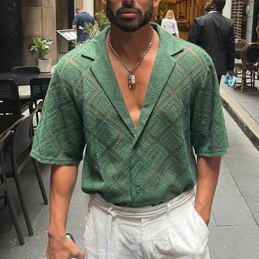 Chemise homme respirante ajourée – Haut décontracté à manches courtes et revers