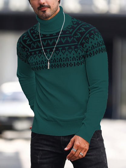 Suéter de cuello alto geométrico para hombre - Suéter informal de punto para otoño e invierno