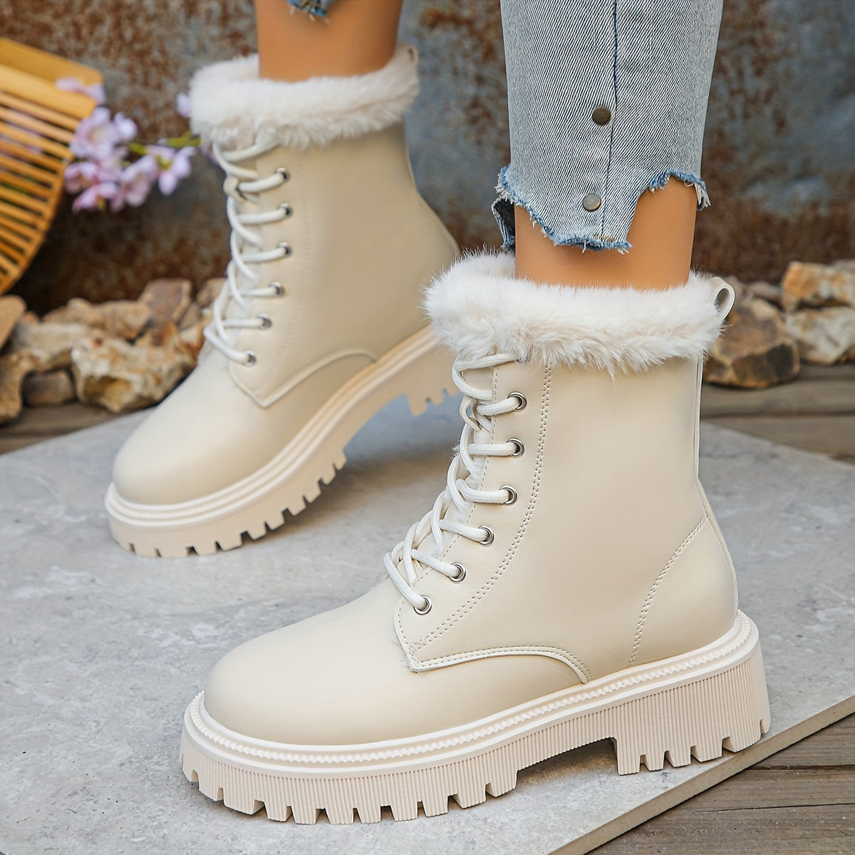 Women’s Fleece Ankle Boots – Elegant Zipper Platform Winter Footwear