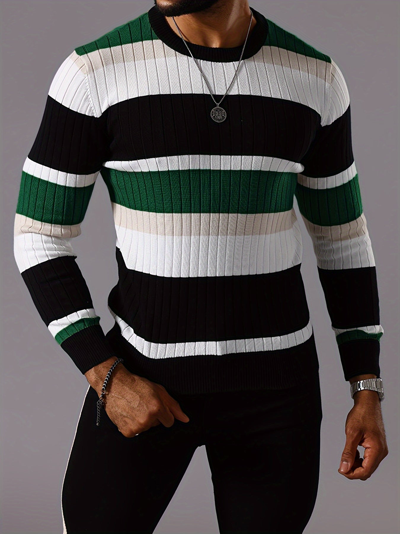 Men’s Striped Ribbed Knit Sweater – Color-Block Fall Winter Pullover