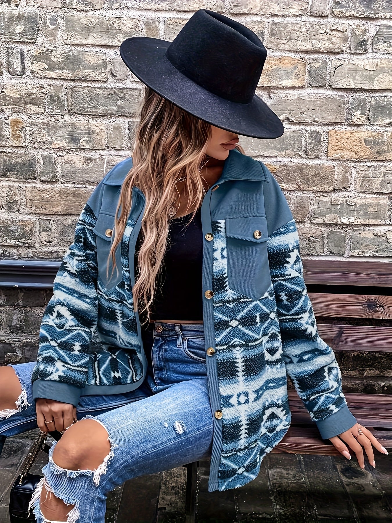 Women’s Geometric Fleece Jacket – Warm Color Block Winter Coat