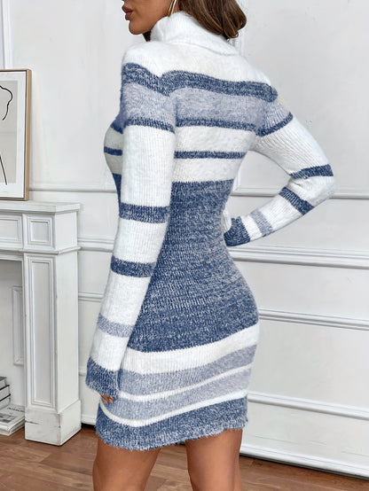 Elegant High-Neck Striped Sweater Dress – Long Sleeve Colorblock Bodycon