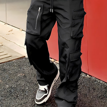 Men’s Green Cargo Pants – Loose Straight-Leg Elastic Waist Trousers