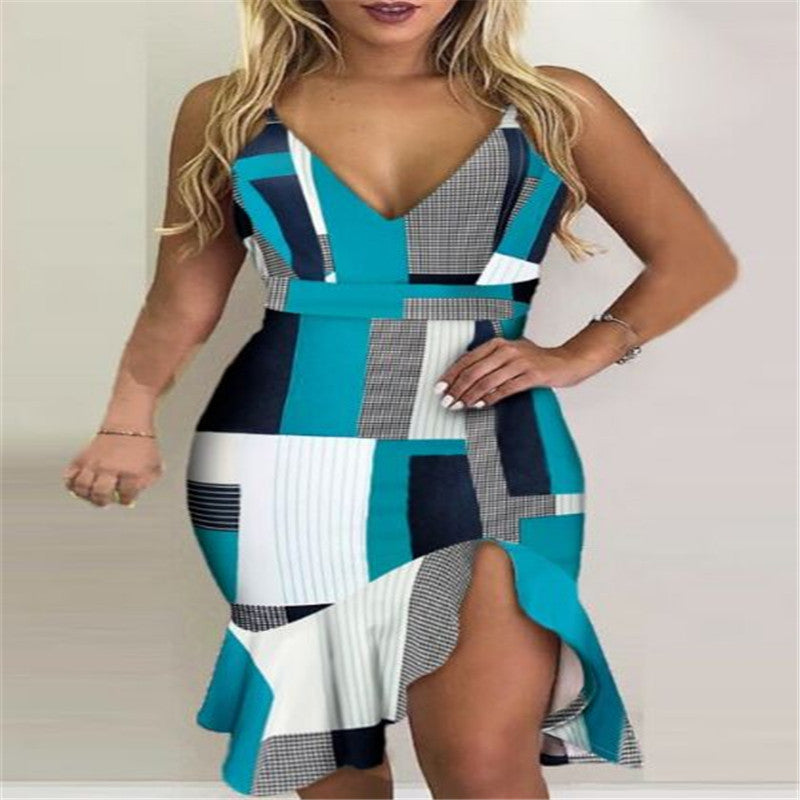 Vestido Midi Irregular Halter - Vestido de Fiesta de Verano Estampado con Tirantes