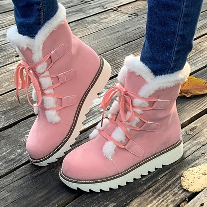 Women’s Elegant Lace-Up Winter Boots – Plush Mid-Calf Faux Fur Warm Shoes