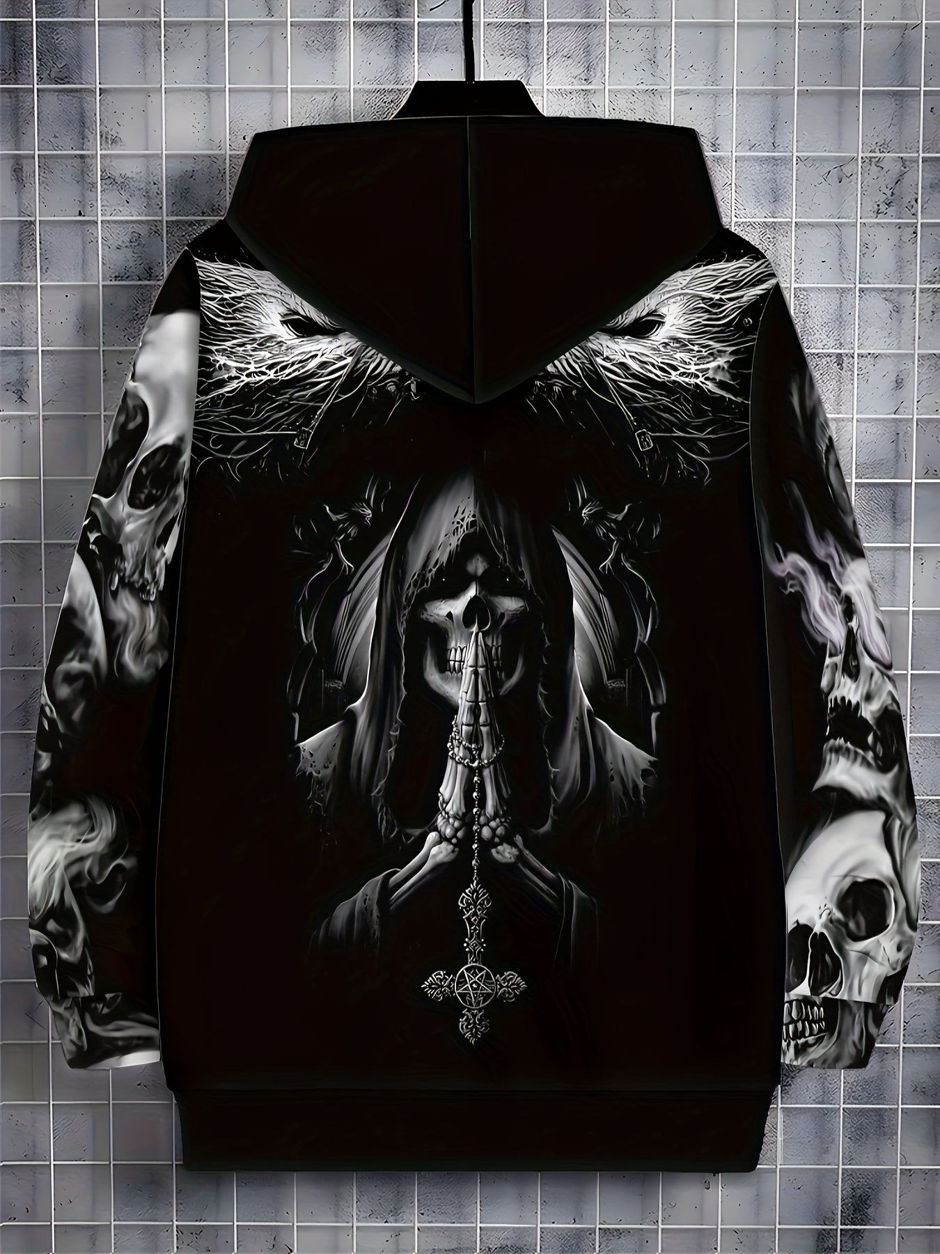 Loom & Soul Men’s Gothic Skull Zip Hoodie – Fiery Wing Streetwear Jacket