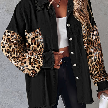 Women’s Sequin Tassel Patchwork Shacket – Fuzzy Contrast Long Sleeve Jacket